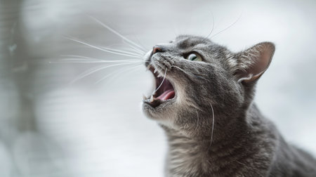 The gray cat looks up, mewing and having widely opened a mouthの素材