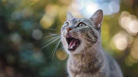 The gray cat looks up, mewing and having widely opened a mouthの素材