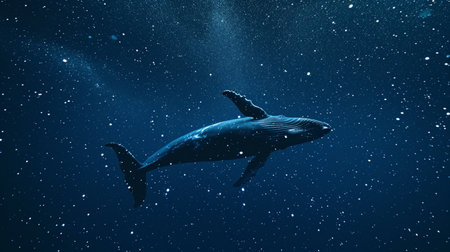 Whale swimming on the night sky among the starの素材