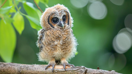 A fuzzy baby owl perched on a branch, wide eyed and curiousの素材