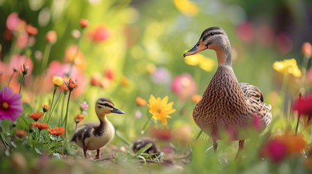 A tiny duckling waddling beside its mother, surrounded by vibrant flowersの素材