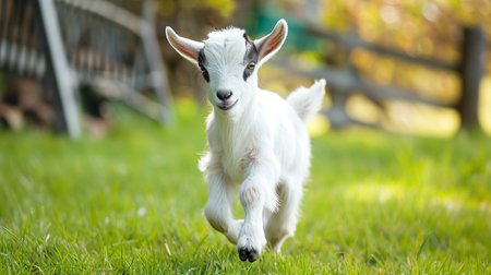 A playful baby goat hopping around a grassy fieldの素材