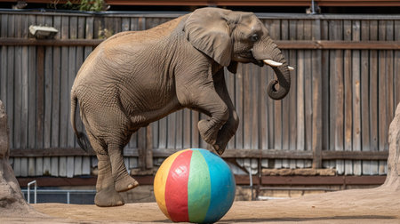African elephant balancing on a colorful ballの素材