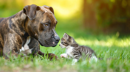 American staffordshire terrier dog playing with little kittenの素材