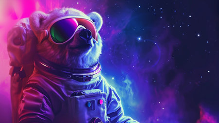 Cute space Polar bear dressed in astronaut suit with sunglasses in Pink and Blueの素材