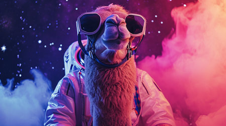 Cute space camel dressed in astronaut suit with sunglasses in Pink and Blue Magical Galaxyの素材