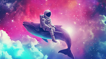 Cute space astronaut sitting on whale in Pink and Blue Magical Galaxy Star backgroundの素材