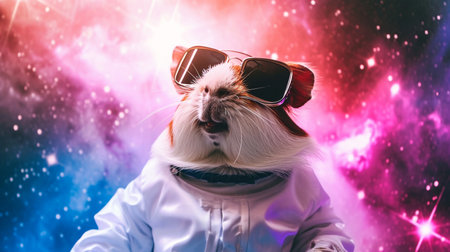 Cute space guinea pig dressed in astronaut suit with sunglasses in Pink and Blue Magicalの素材