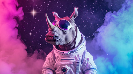 Cute space Rhinoceros dressed in astronaut suit with sunglasses in Pink and Blue Magical Galaxy Starの素材
