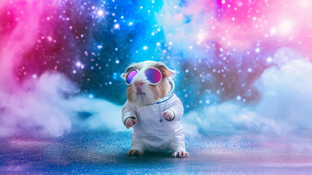 Cute space guinea pig dressed in astronaut suit with sunglasses in Pink and Blue Magicalの素材