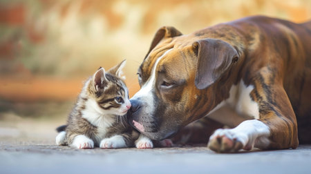 American staffordshire terrier dog playing with little kittenの素材