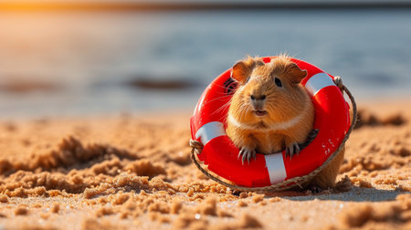 adorable funny guinea pig holding life buoys on the beachの素材