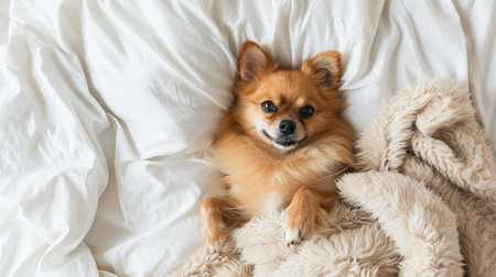 Top view portrait of funny dog lying on pillow in bed wrapped in fluffy white blanketの素材