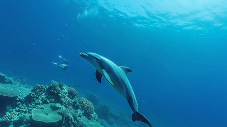 Dolphin swimming with divers in the Red Seaの素材