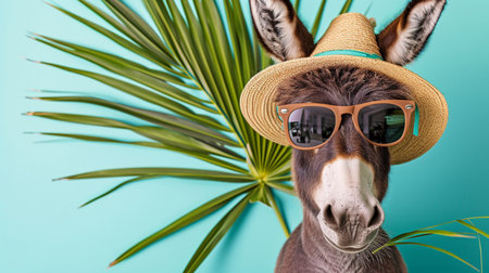 donkey with sunglasses and hat under palm leaf on pastel summer backgroundの素材