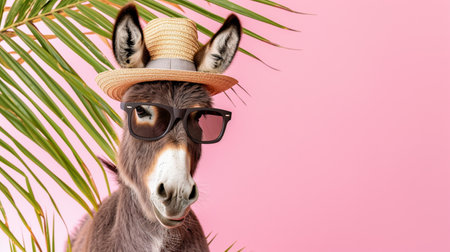 donkey with sunglasses and hat under palm leaf on pastel summer backgroundの素材