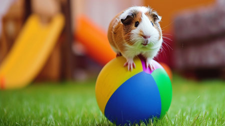 guinea pig balancing on a colorful ballの素材