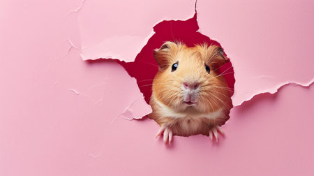 guinea pig in pastel color paper side torn hole isolatedの素材