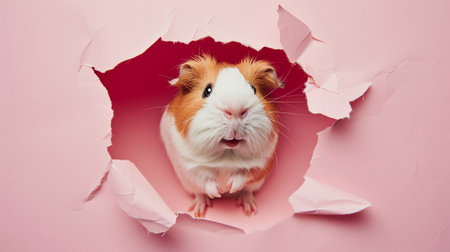 guinea pig in pastel color paper side torn hole isolatedの素材