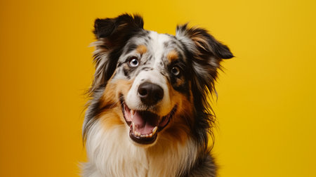 Happy Merle Crossbreed Collie Dog Portrait on Yellow Studio Backgroundの素材