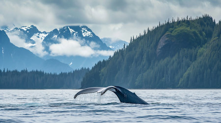 humpback whale diving in alaska at glaicer bay national parkの素材