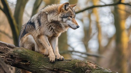 Lonely Wolf sitting on tree branchの素材