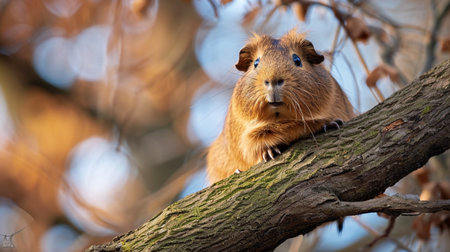 Lonely guinea pig sitting on tree branchの素材