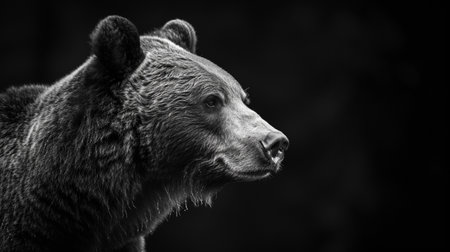 Monochrome portrait of a brown bear looking ahead against a black backgroundの素材