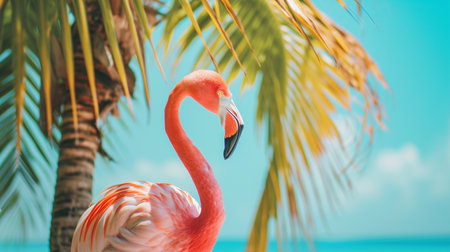 Pink flamingo and palm tree on blue summer backgroundの素材