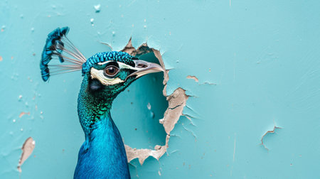 peacock looking up in pastel color paper side torn hole isolatedの素材