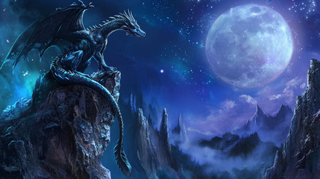 A majestic dragon, its iridescent scales gleaming in the moonlightの素材