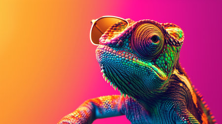 abstract colorful neon color chameleon wearing sunglasses on a solid color backgroundの素材