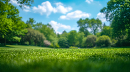 Beautiful blurred background image of spring nature with a neatly trimmed lawn surroundedの素材