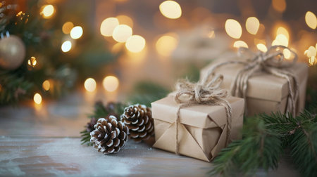 christmas and new year background gift boxes and pine conesの素材