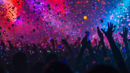 Concert crowd with colorful stage lights and confetti.の素材
