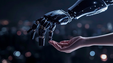 robot hand help human hand on the blur dark backgroundの素材