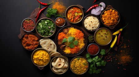 Assorted indian food on black background. Indian cuisine. Top view with copy spaceの素材