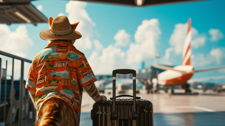 a cat wearing a tourist shirt and hat, carrying a large suitcase, with an airport in the backgroundの素材