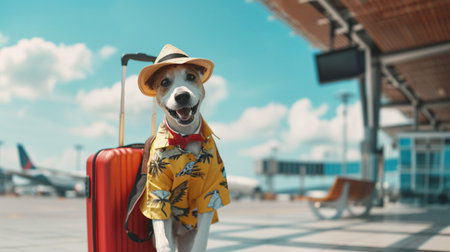a smile dog wearing a tourist shirt and hat, carrying a large suitcase, with an airportの素材
