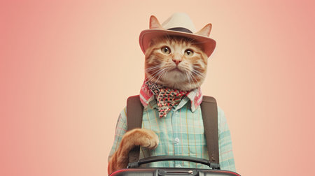 a smile red scottish cat wearing a tourist shirt and hat, carrying a large suitcase, on pastelの素材