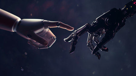 robot hand help human hand on the blur dark backgroundの素材