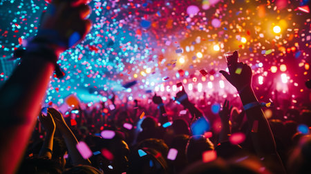 Concert crowd with colorful stage lights and confetti.の素材