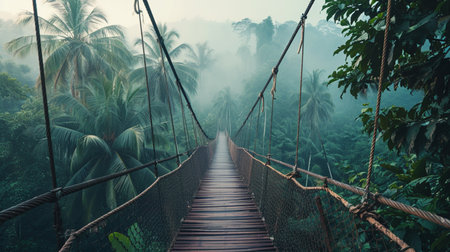 Rope bridge in misty jungle with palmsの素材