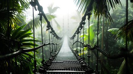 Rope bridge in misty jungle with palmsの素材