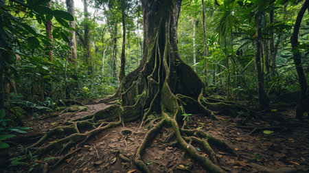 Old tree with big roots in green jungle forestの素材