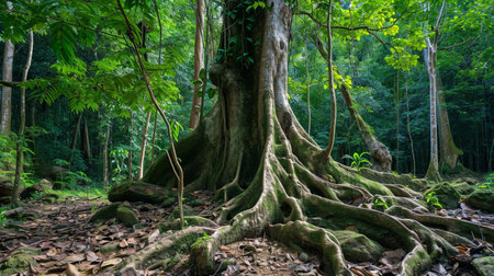Old tree with big roots in green jungle forestの素材