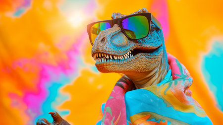 Tyrannosaurus Rex sunglasses and scarf in studio with a colorful and bright backgroundの素材
