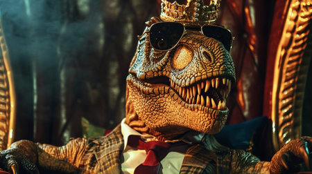 Tyrannosaurus Rex wearing tie with crown and sunglasses sitting on a throne, closeupの素材