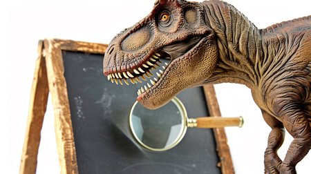 Tyrannosaurus Rex searching and finding as a spy with magnifying glassの素材