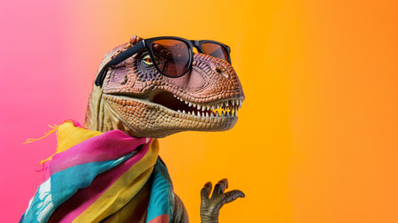 Tyrannosaurus Rex sunglasses and scarf in studio with a colorful and bright backgroundの素材